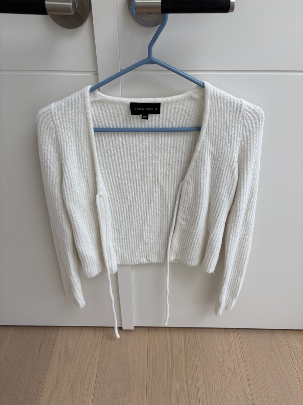 Cotton Candy Cream Ribbed Tie-Front Cropped Cardigan